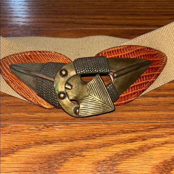 Vintage OMEGA Arrowhead Southwest Gold Metal Buckle Stretch Belt Tan Brown Small main image 4